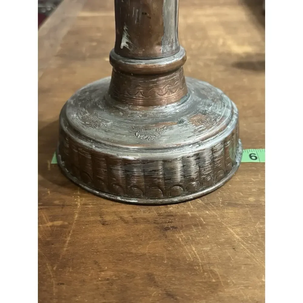 2 Large Metal Ornate Candlesticks with Handle Great Patina